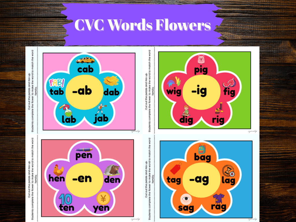 CVC Word Flowers — 18 Flashcards